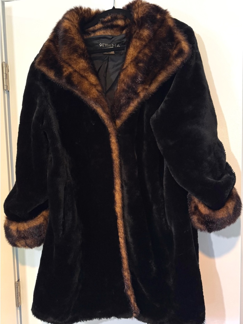 Vintage Olympia Limited Inc Faux Fur Coat — black with brown trim — large